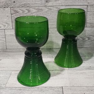 19th Century Green Roemer Set of 2 Wine Glasses